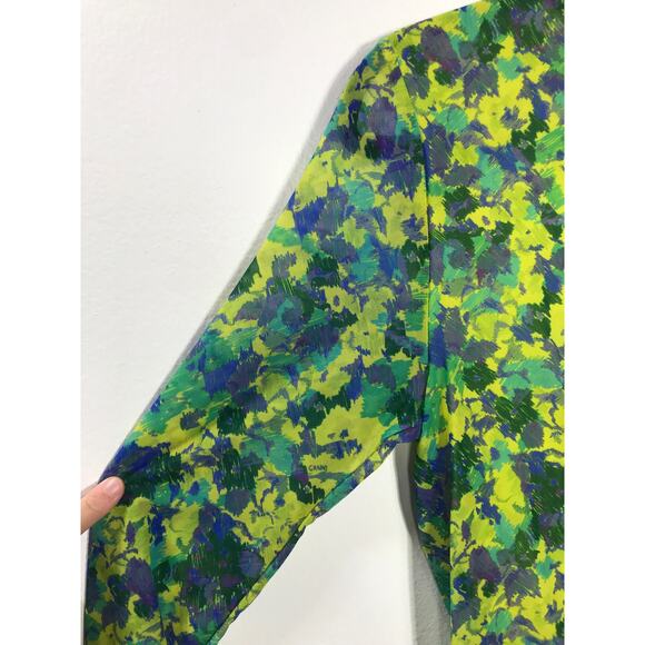 GANNI Ruched Mesh Dress Sulphur Spring Green Yellow Floral Midi 38 Wedding Guest - Picture 7 of 14